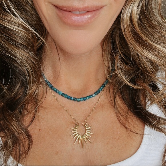 Blue Apatite Gemstone Necklace Gold Toggle Clasp Removable Baroque Pearl - Picture 3 of 16